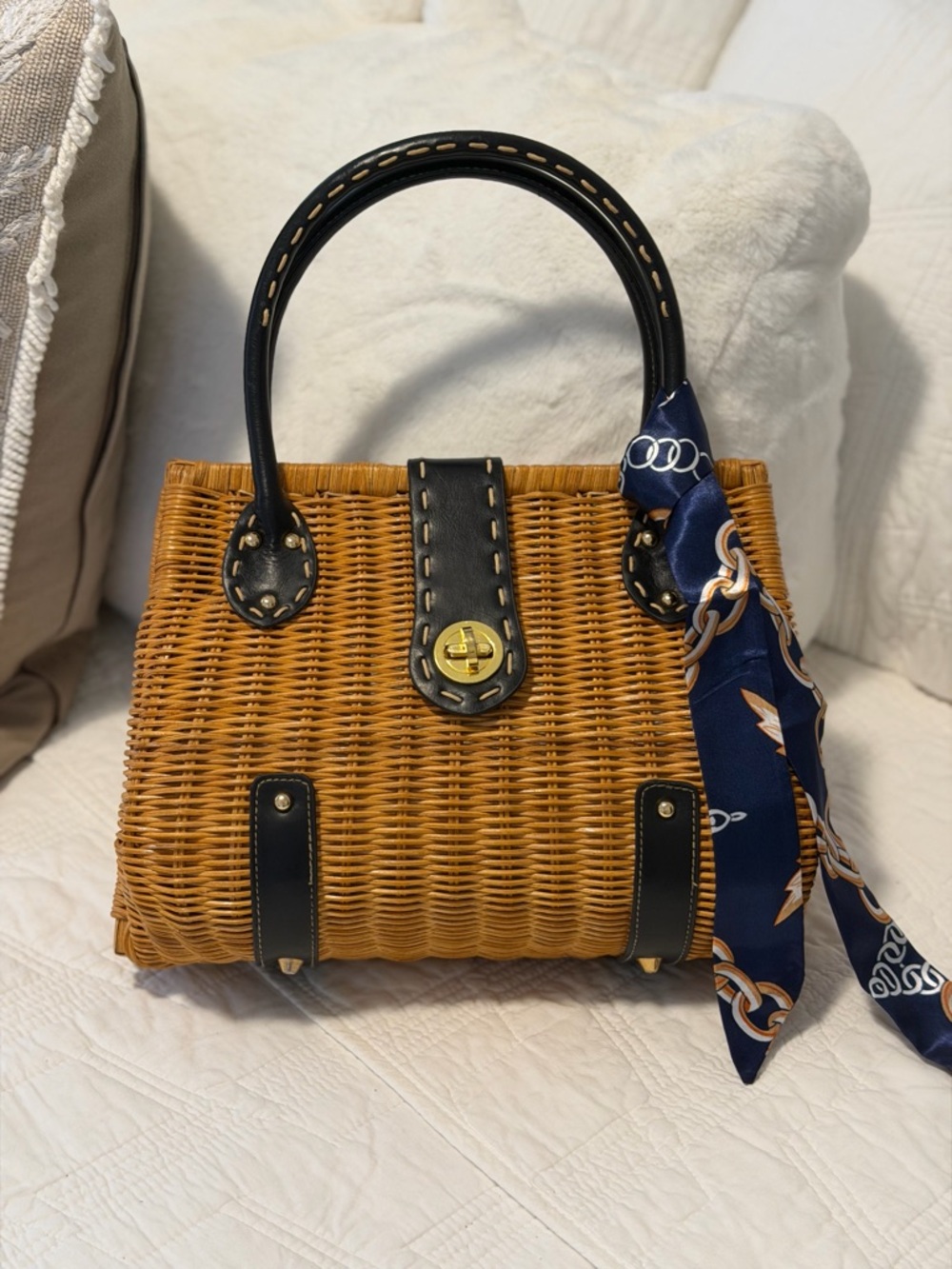Straw and black leather  Woven Handbag with Scarf